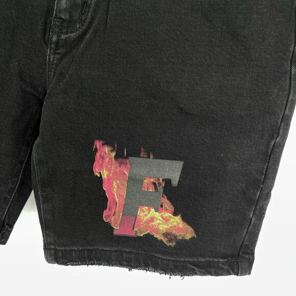 Homme + Femme NEW Distressed Flames Logo Jean Shorts Mens Sz 30 Black Stretch - Picture 3 of 8